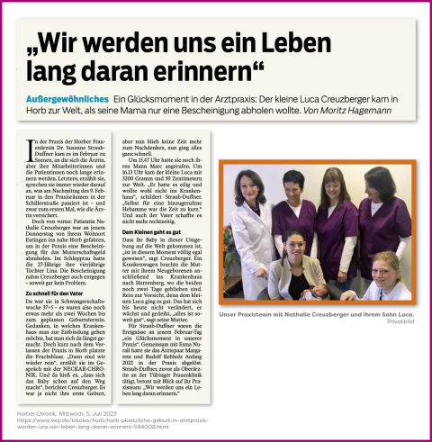 Collage eines Zeitungsartikels zur unerwarteten Geburt eines Kindes in der Praxis